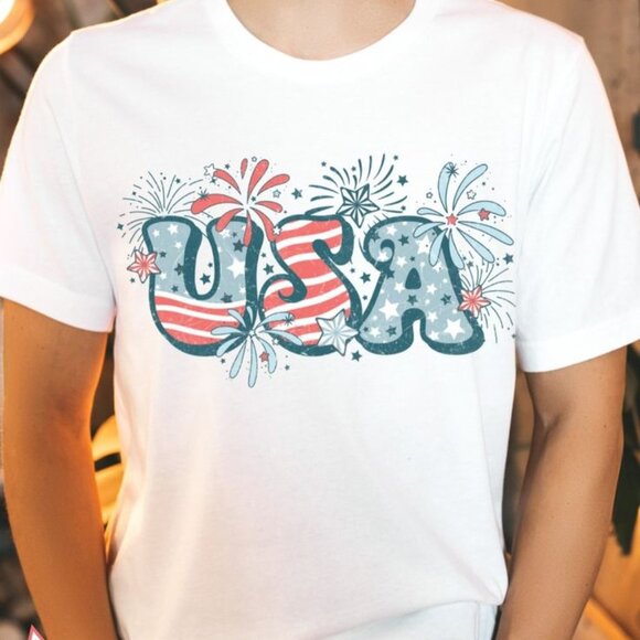 Retro USA Shirt, Groovy Patriotic 4th of July Stars And Stripes Tee - Picture 1 of 3